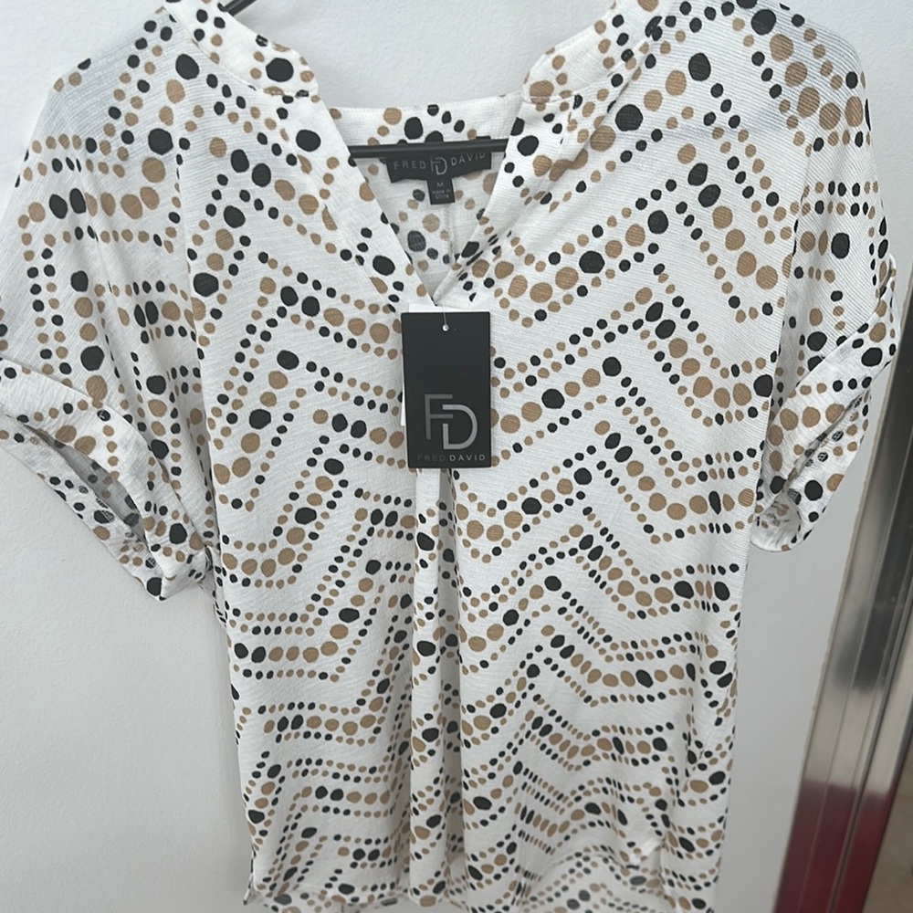 Fred David Cream Short Sleeve Blouse with Mandarin Collar
